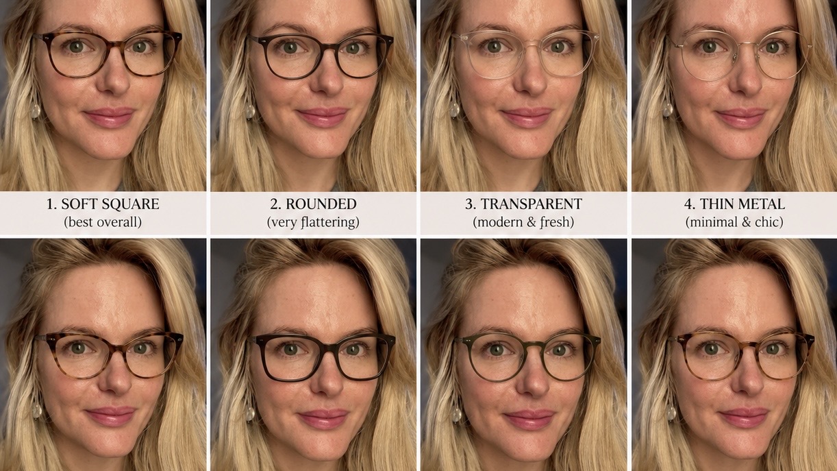 Chatgpt generated images of Becca's face wearing different styles of glasses