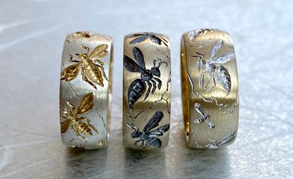 silver engraved jewellery by Castro Smith featuring engraved insect forms