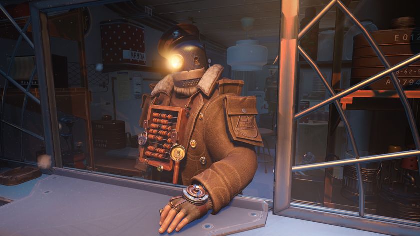 A robotic trader in a leather trenchcoat stands behind a stall.