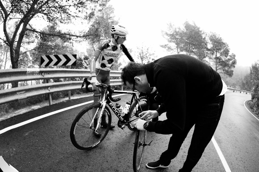 One of the riders suffers a puncture