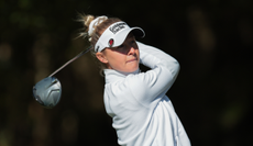 Nelly Korda watches her tee shot after striking a driver