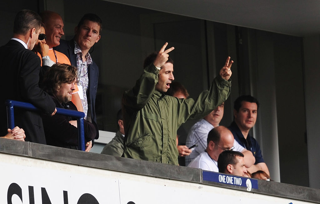 Oasis frontman Liam Gallagher gestures during the Barclays Premier League match between Tottenham Hotspur and Manchester City at White Hart Lane on May 16, 2009 in London, England