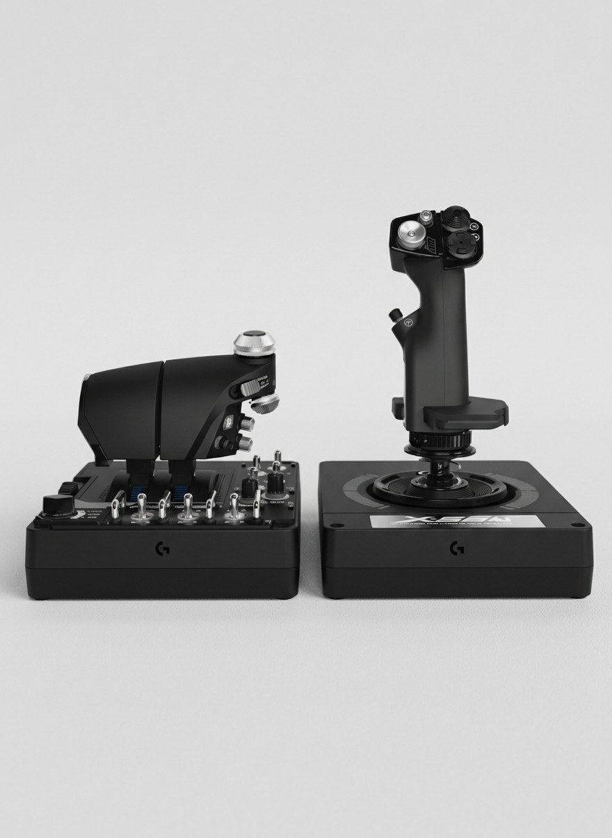 A Logitech G X56 HOTAS throttle and flight stick controller on a grey background A Logitech G X56 HOTAS throttle and flight stick controller on a grey background