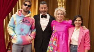 Jimmy Kimmel and some of the cast of Barbie including Ryan Gosling in an Oscars 2024 promo shot
