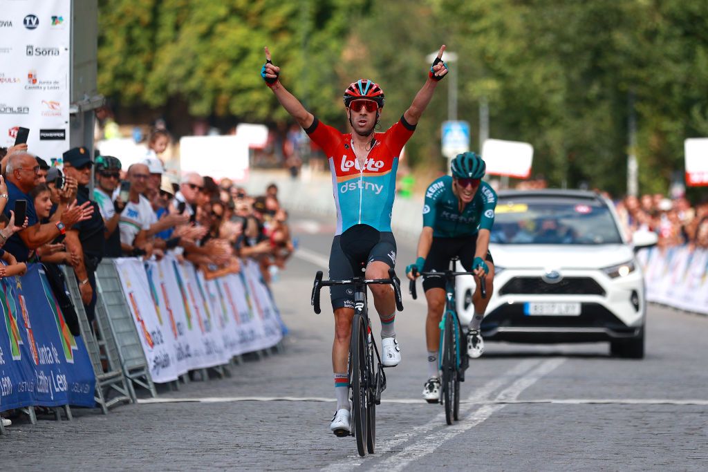 SEGOVIA SPAIN JULY 27 Eduardo Sepúlveda of Argentina and Team LottoDstny celebrates at finish line as stage winner ahead of Pablo Castrillo of Spain and Team Kern Pharma during the 37th Vuelta a Castilla Y Leon 2023 Stage 2 a 1862km stage from Coca to Segovia on July 27 2023 in Segovia Spain Photo by Gonzalo Arroyo MorenoGetty Images