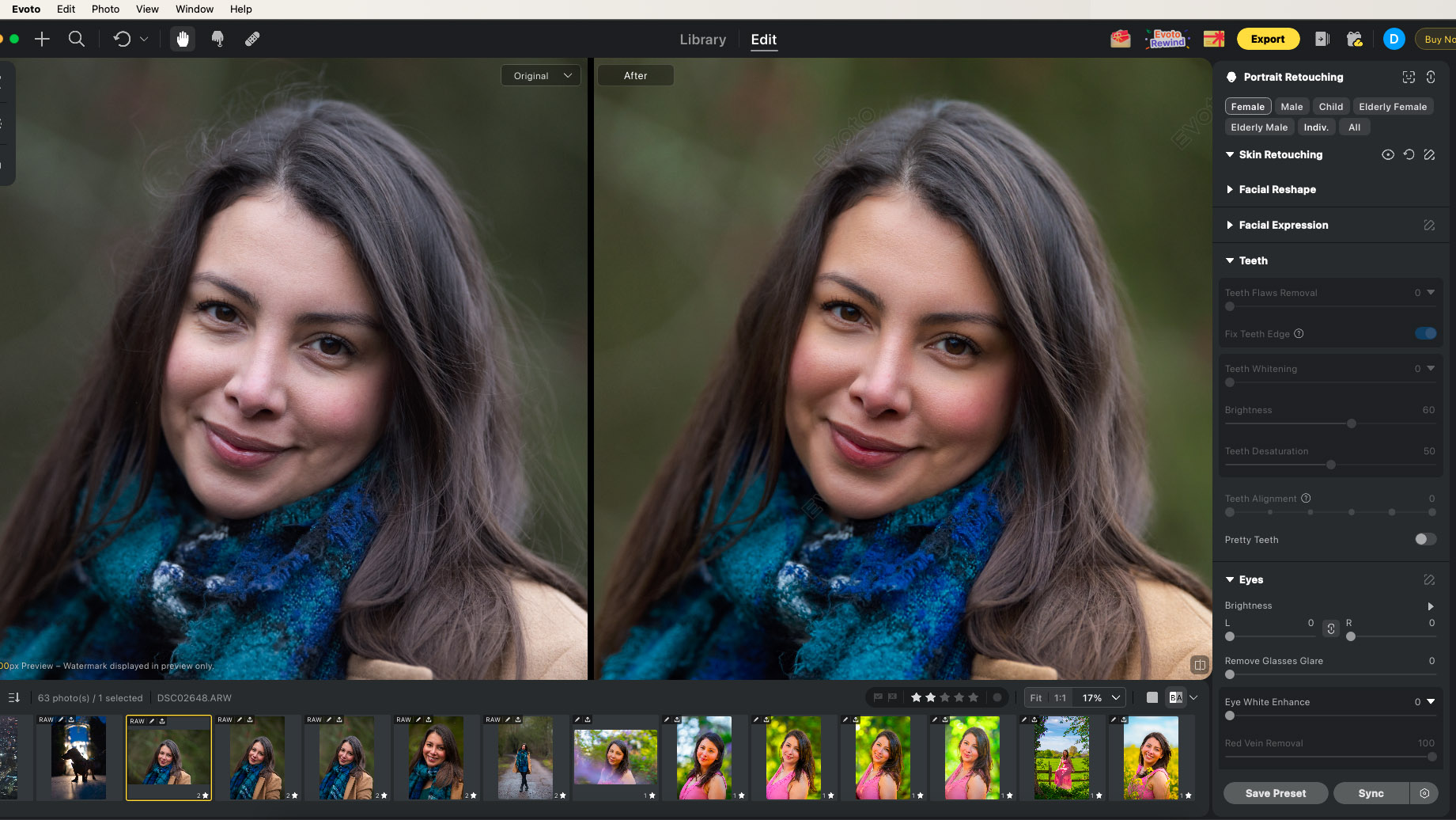An outdoor portrait of a woman being edited in Evoto AI Desktop with a before and after image comparison showing the portrait has been enhanced with skin softening and flyaway hairs have been tidied up