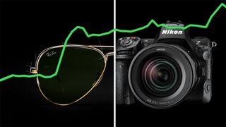 Ray-Ban Aviators and a Nikon Z8, side by side with a green graph used to symbolise stock increases 