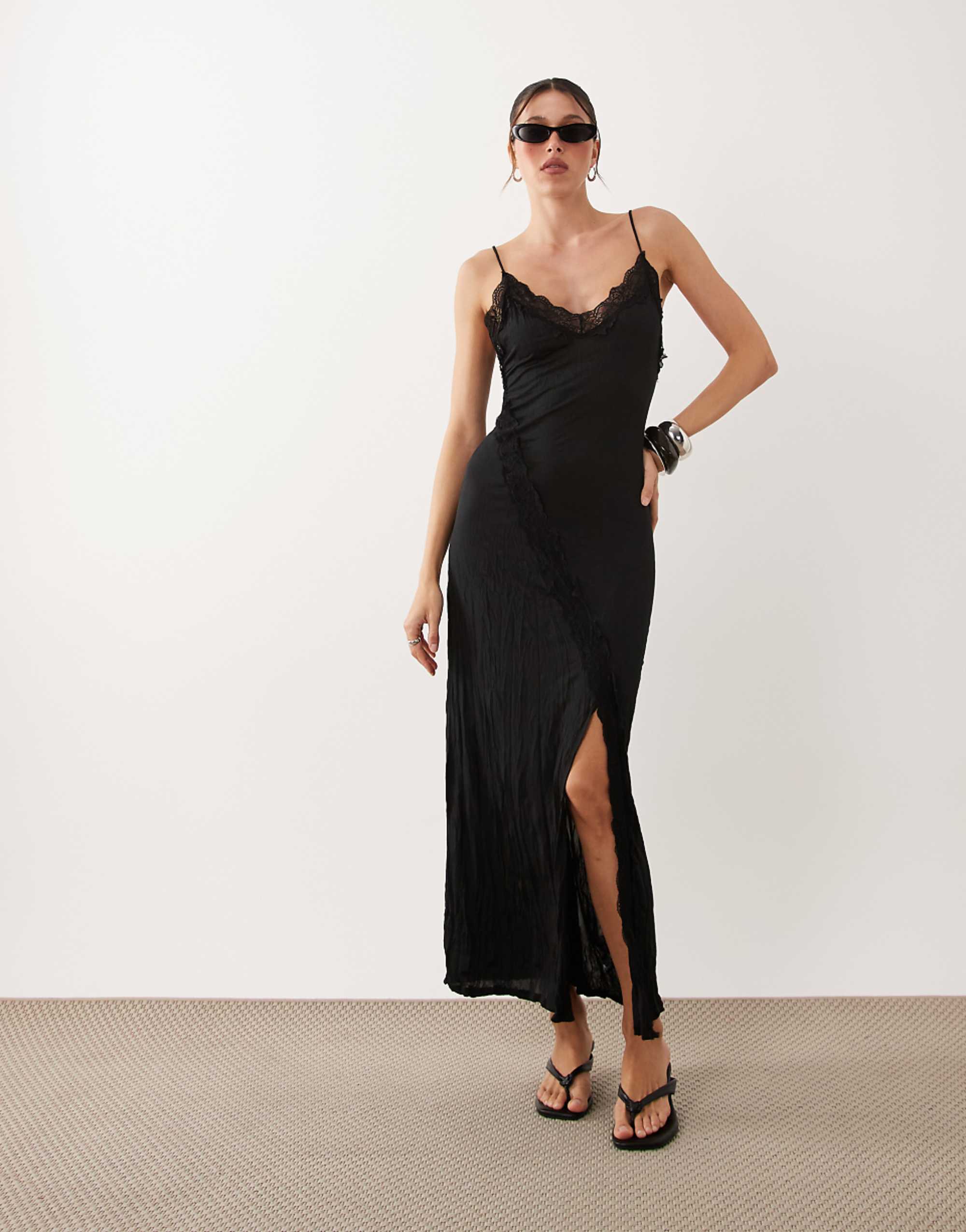 Asos Design Crinkle Lace Trim Semi Sheer Maxi Dress in Black