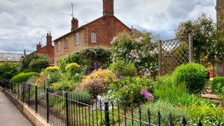 pretty cottage front garden with metal railings and trellis