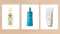 Collage of three of the best aftersuns featured in this guide from (left to right) Sun Bum, Institut Esthederm and Sisley Paris, set against a warm beige background