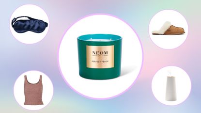 A selection of cozy gifts including Slip Sleep Mask, SKIMS loungewear, NEOM candle, UGG slippers and Aromatherapy Associates The Atomiser