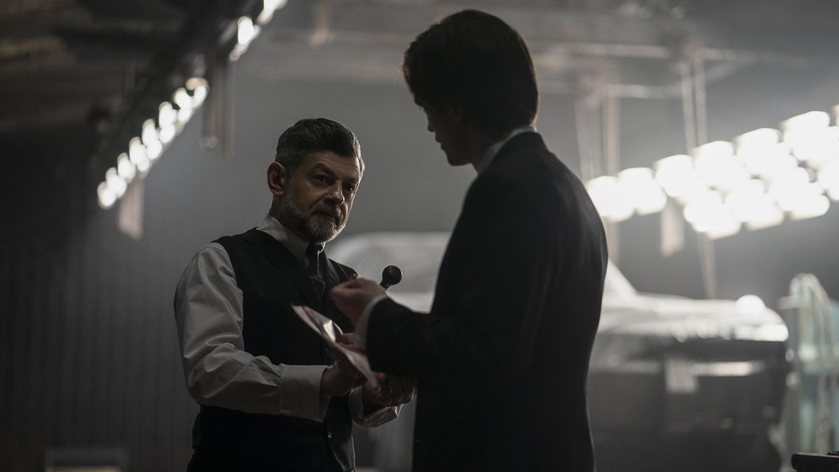 Andy Serkis as Alfred with Robert Pattinson as Bruce Wayne in The Batman