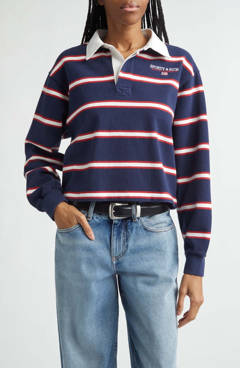 Nautical Embroidered Stripe Crop Rugby Polo