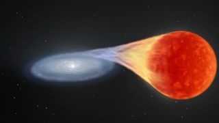 A small white dwarf star pulls material off a companion star
