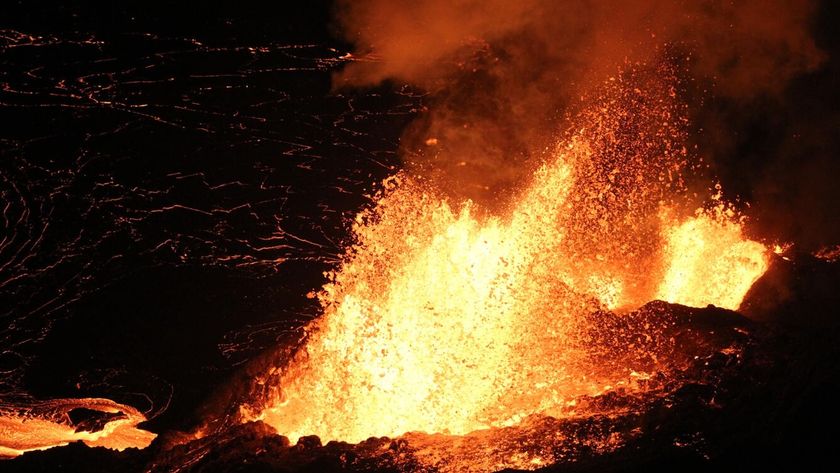 A photo of lava erupting from a volcano