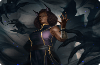 This is a promo image for Daggerheart. Pictured is a curvy, muscular person with coily, afro hair. They look down at the camera. Clawed hands appear behind them.