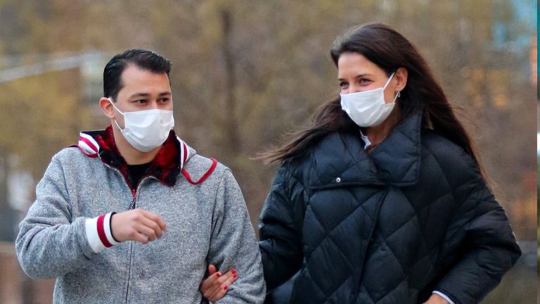 NEW YORK CITY, NY - JANUARY 22: Emilio Vitolo Jr. and Katie Holmes out for a walk on January 22, 2021 in New York City, New York. (Photo by LRNYC/MEGA/GC Images)