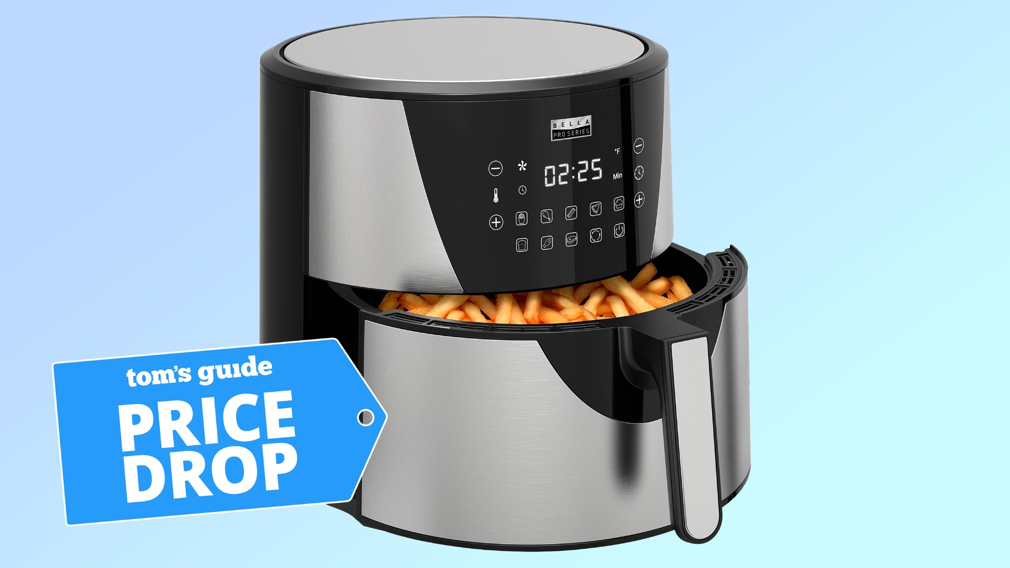 A photo of the Bella Pro Series 8qt air fryer on a blue background.