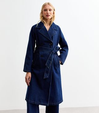 Blue Double Breasted Denim Trench Coat