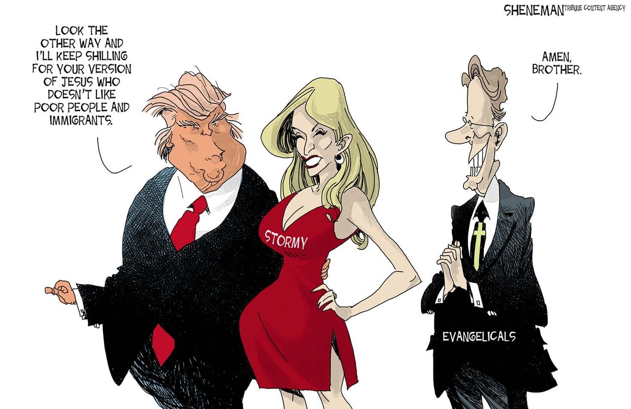 Political cartoon U.S. Stormy Daniels allegations Trump Evangelical approval