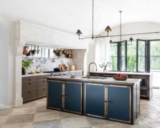 modern rustic kitchen with blue kitchen island