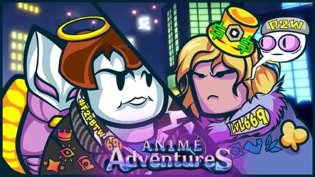 Two players face off against one another in a promotional image for Anime Adventures on Roblox.