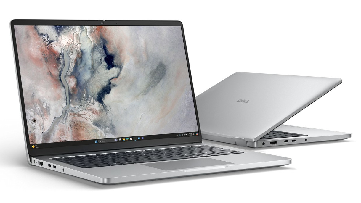 Dell Pro laptop shown open and side view half-closed