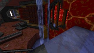 A waterfall cuts through a network of subterranean crimson caverns in Death Wish 2.0