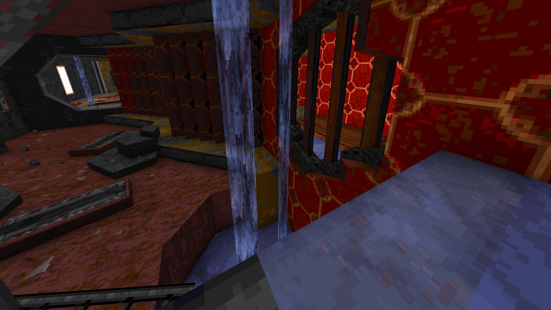 A waterfall cuts through a network of subterranean crimson caverns in Death Wish 2.0
