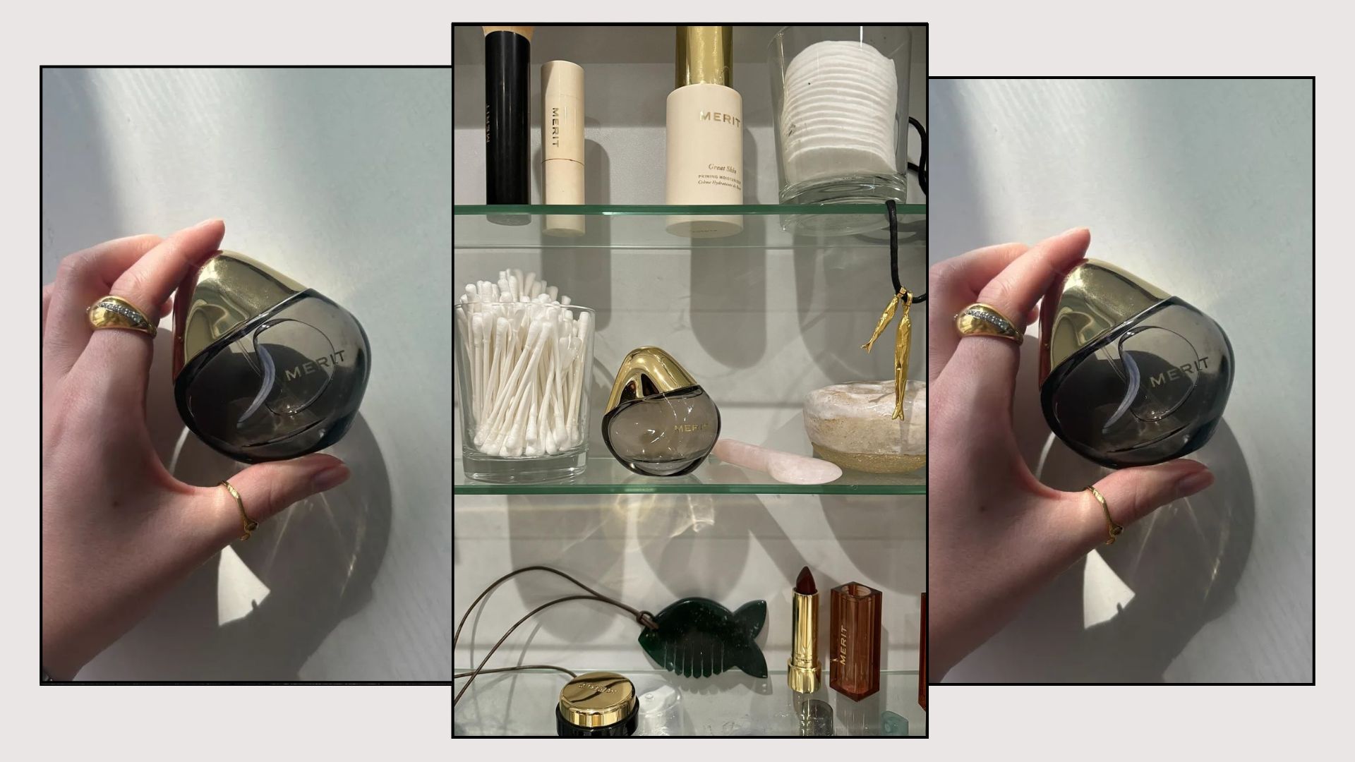 A collage of the Merit Retrospect perfume