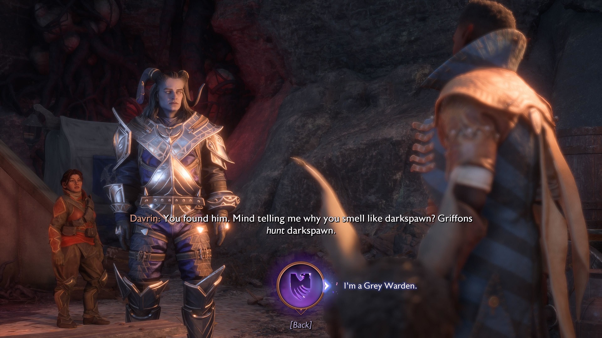 Dragon Age: Veilgaurd screenshot of Qunari Rook meeting with Davrin with a dialogue option stating that Rook is a Gray Warden.