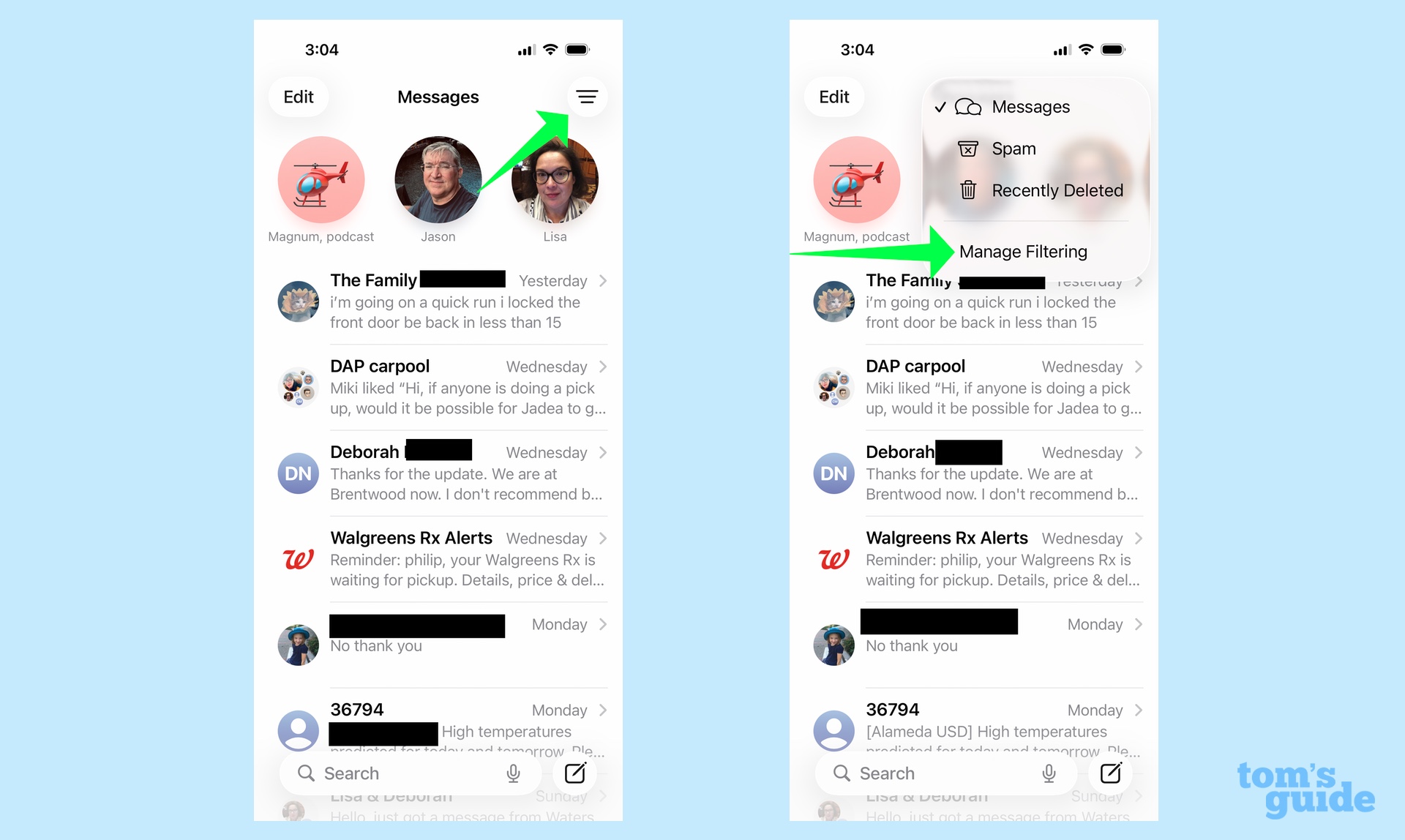 access the filtering controls from the messages menu