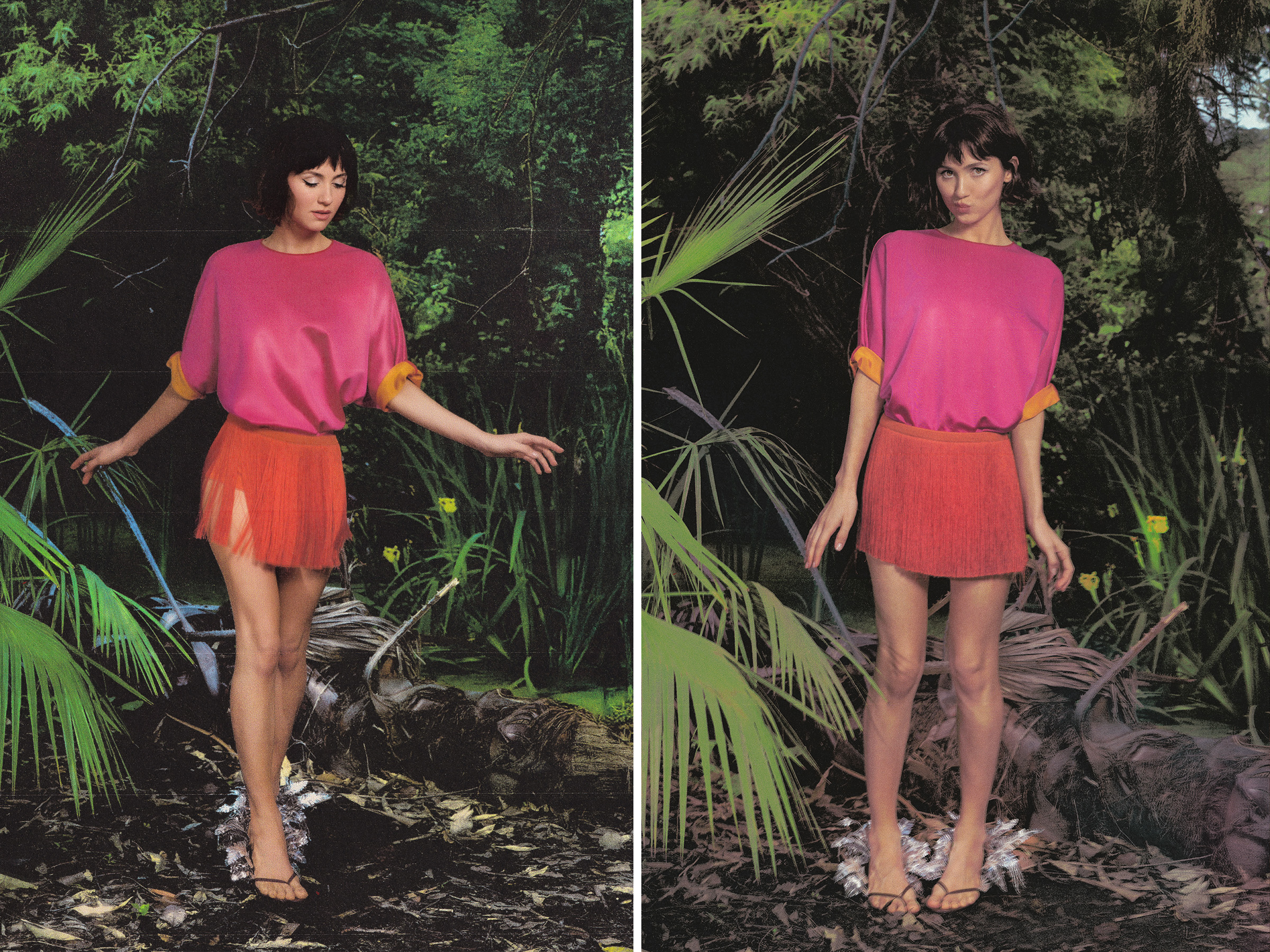Maude Apatow photographed by Dana Trippe for Who What Wear. She is standing among plants wearing a pink top and red fringe skirt.