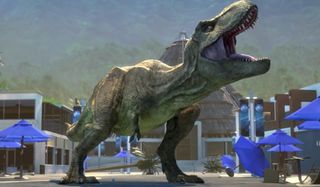 Jurassic World: Camp Cretaceous Roberta the T-Rex roaring on main street
