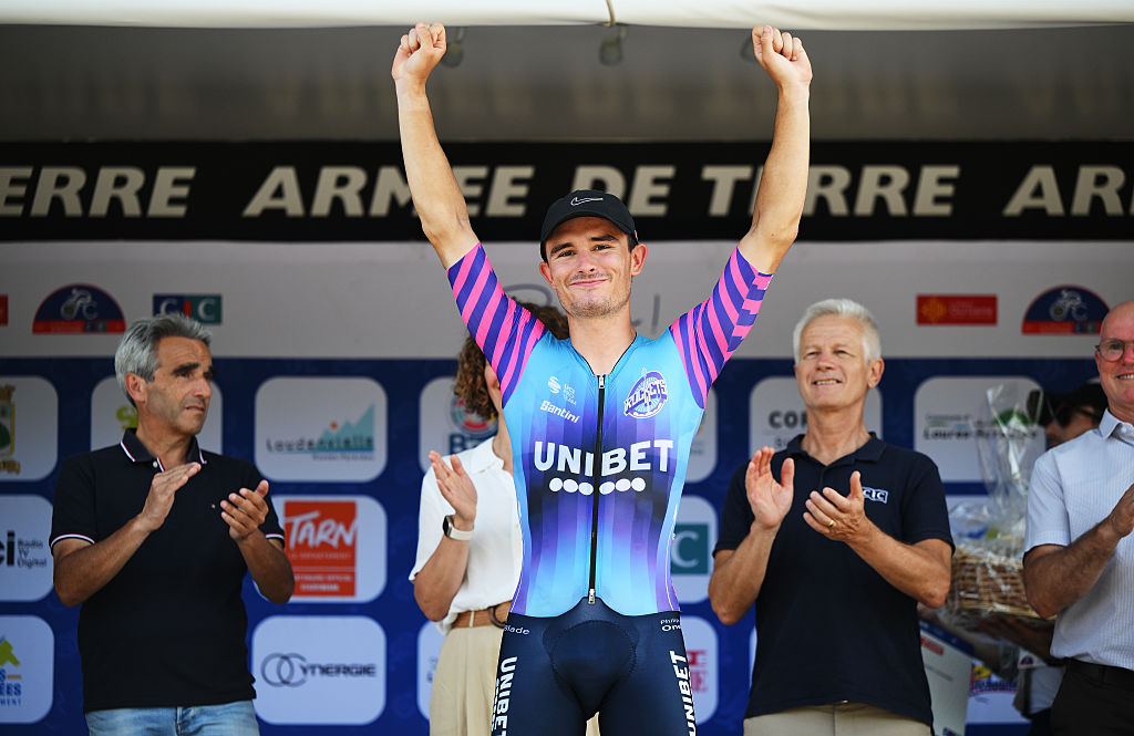 Ronan Auge (Unibet Rose Rockets) celebrates after winning stage 2 of the 2026 La Route d&acute;Occitanie in Saint-Gaudens, France. (Photo by Alex Broadway/Getty Images)