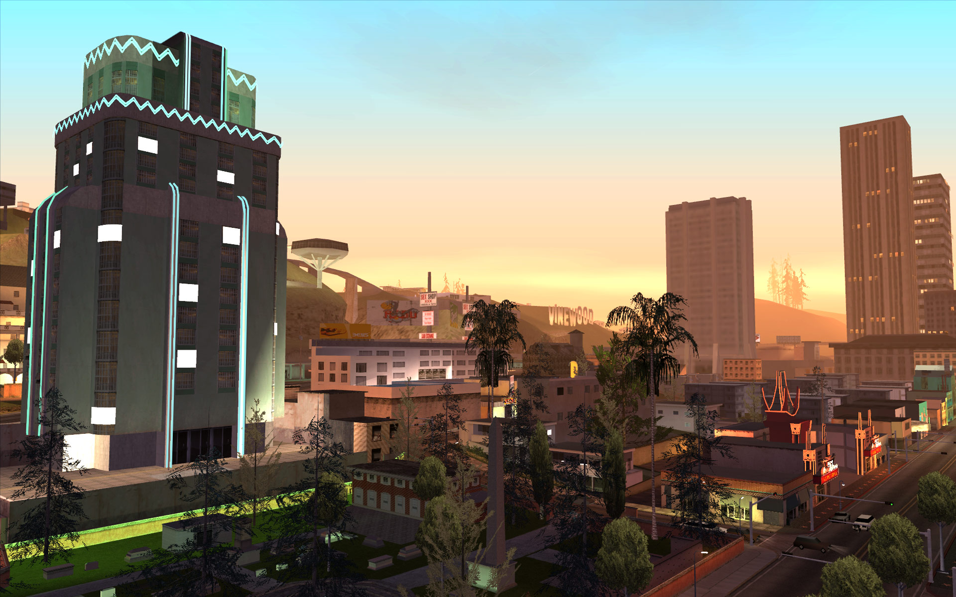 GTA: Cityscapes and brightly lit apartment buildings of San Andreas