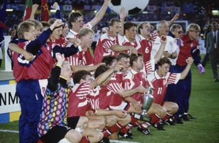 Morten Bruun (bottom right) celebrates Denmark's Euro 92 win with his team-mates in June 1992.