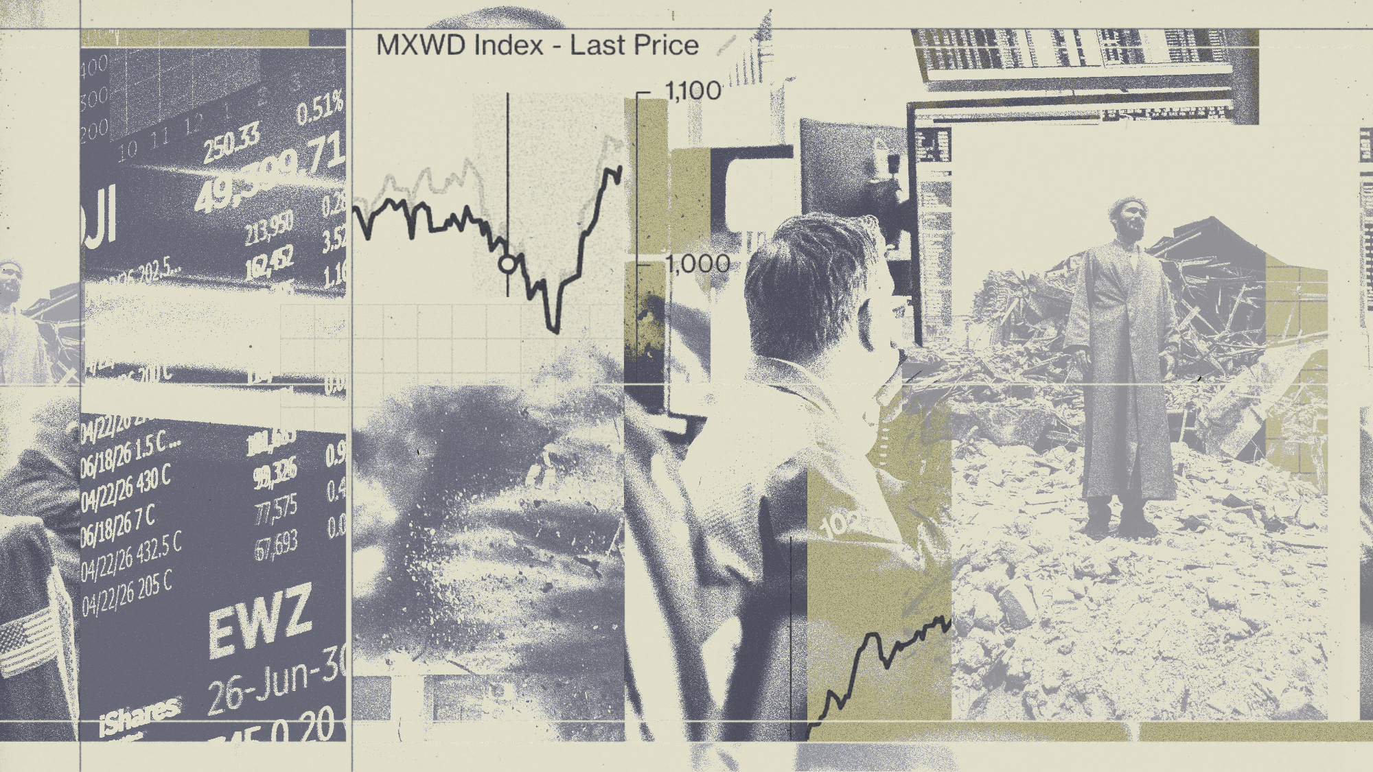 Photo composite illustration of the New York Stock Exchange, destruction in Iran and an MXWD Index graph