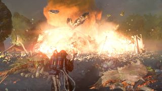 Helldivers 2 looking at bug nest exploding after firing Grenade Pistol shot at it