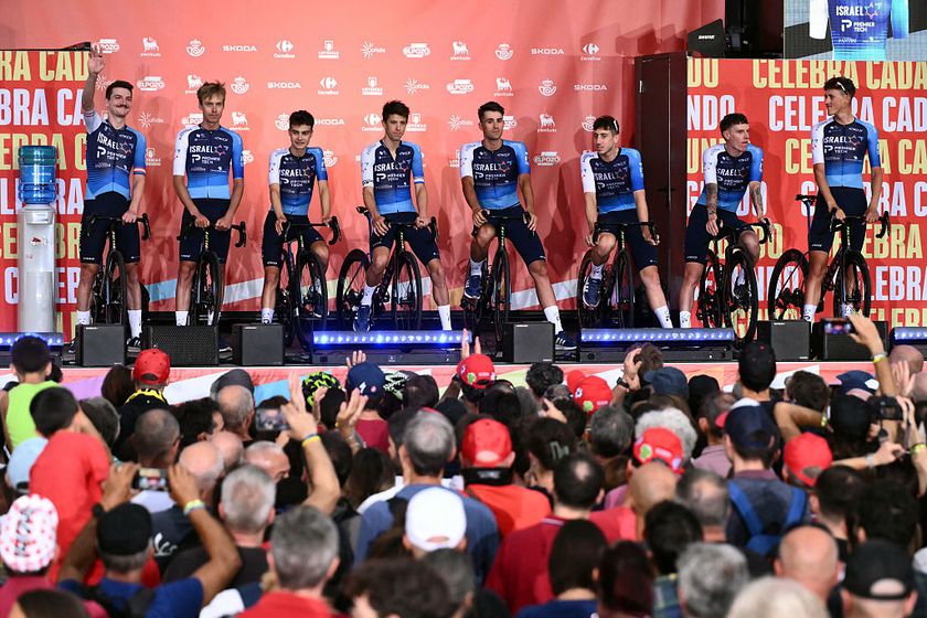 Team Israel-Premier Tech is seen during the official teams presentation of the 80th edition of &#039;La Vuelta&#039; cycling tour of Spain, in Torino, Italy on August 21, 2025. (Photo by Marco BERTORELLO / AFP)