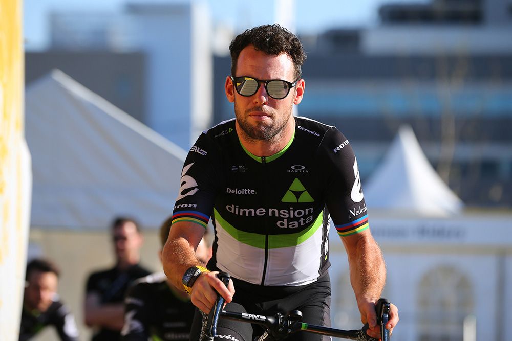 Mark Cavendish rides on stage