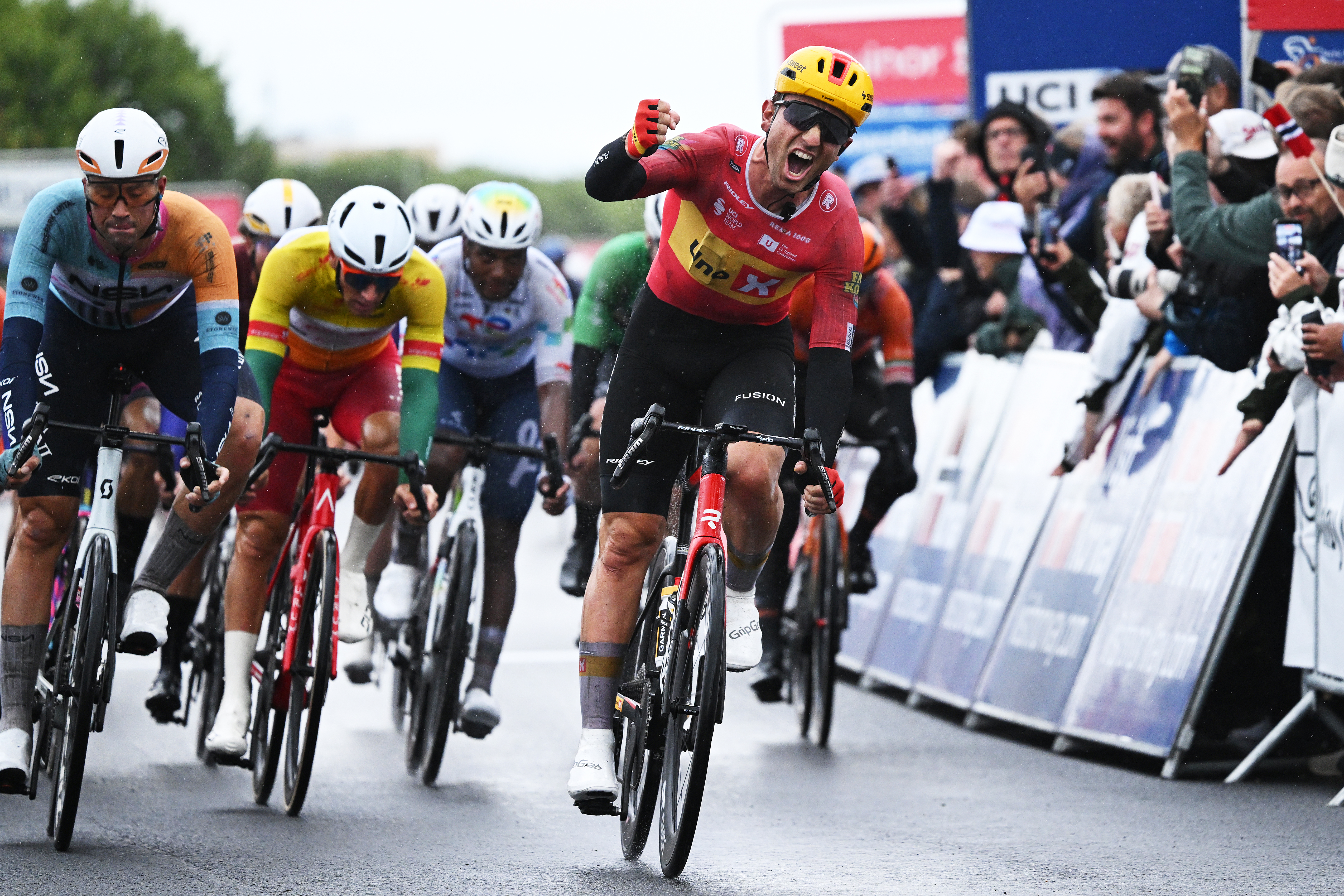 Erlend Blikra celebrates at the front of the bunch sprint