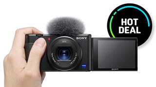 Sony Z-V1 being held in someon's hand, with Hot Deal sticker
