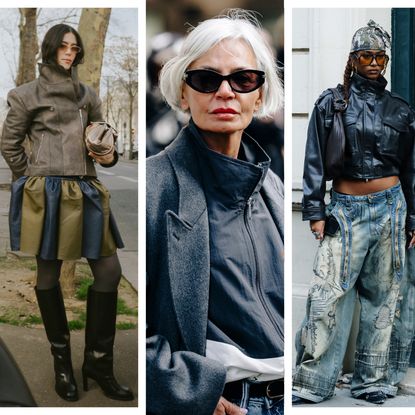 a woman wearing funnel-neck jackets&mdash;a brown funnel-neck leather jacket, green and blue striped skirt, orange glasses&mdash;at paris fashion week