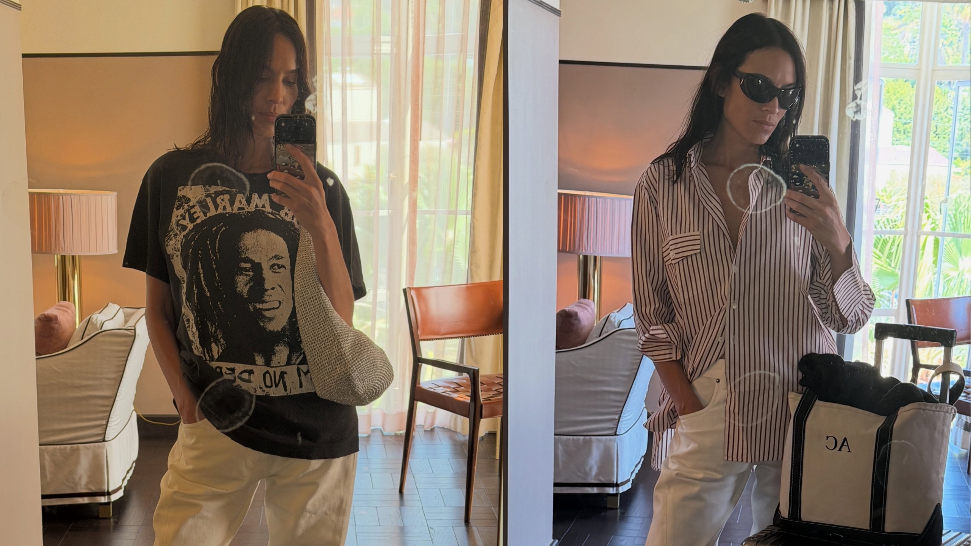 Alexa Chung takes a mirror selfie wearing white frayed jeans with an oversized shirt and t-shirt.