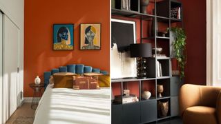 two living room images showing warm orange painted walls