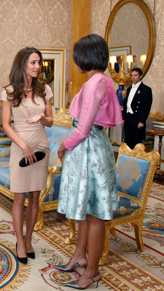 First Lady Michelle Obama meets Catherine, Duchess of Cambridge at Buckingham Palace on May 24, 2011 in London, England