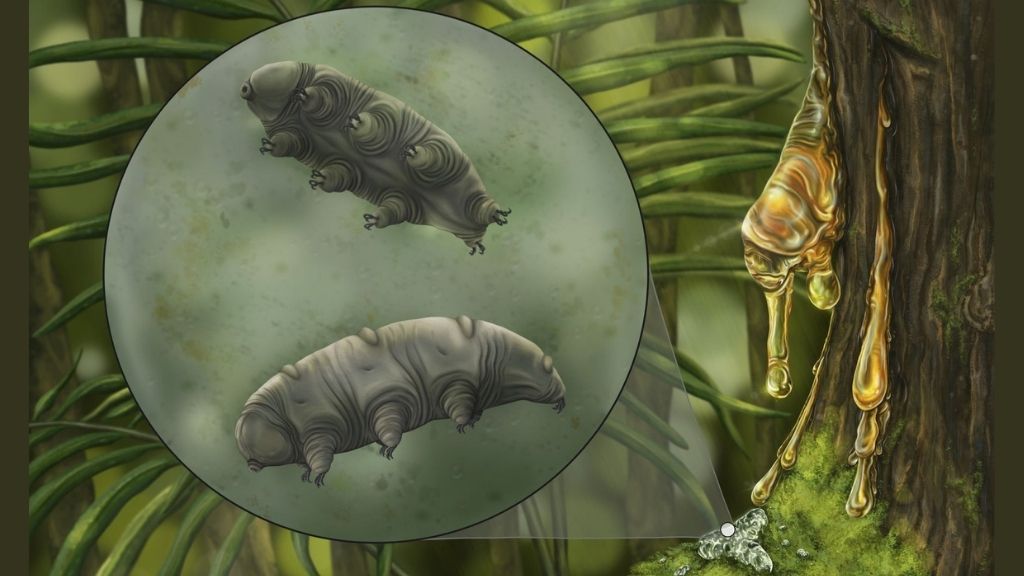 An artistic reconstruction of the tardigrade species Paradoryphoribius chronocaribbeus in moss