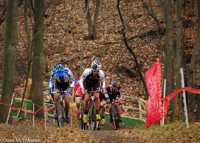 Tim Johnson (Cannondale Cyclocrossworld.com) starting the big climb of the day with Adam Craig