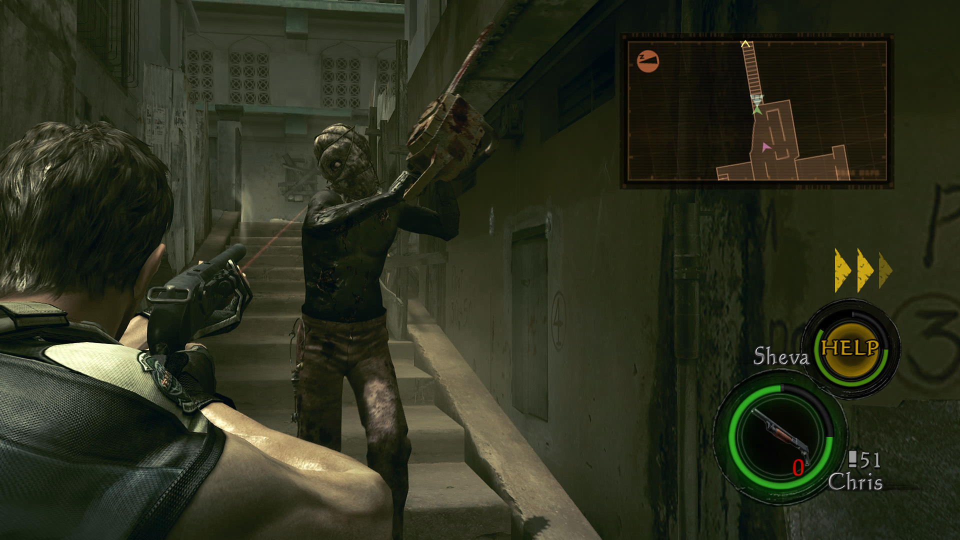 Chris Redfield aims a shotgun at an oncoming chainsaw wielding enemy in Resident Evil 5